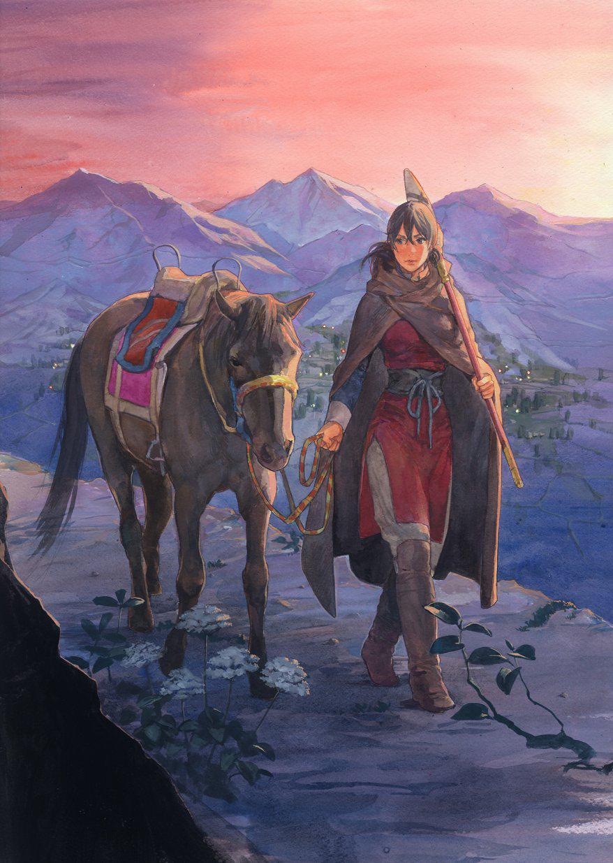 1girl, balsa, brown_eyes, brown_hair, cape, flower, highres, horse