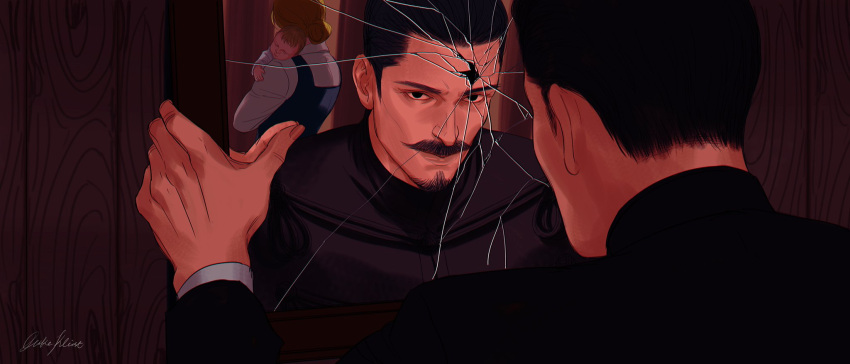 1boy, 2girls, baby, beard, black_hair, black_shirt, broken_mirror, duke_kleist