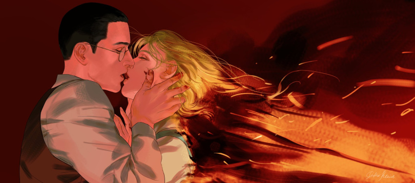 1boy, 1girl, artist_name, black_hair, blonde_hair, blood, blood_on_hands, brown_background