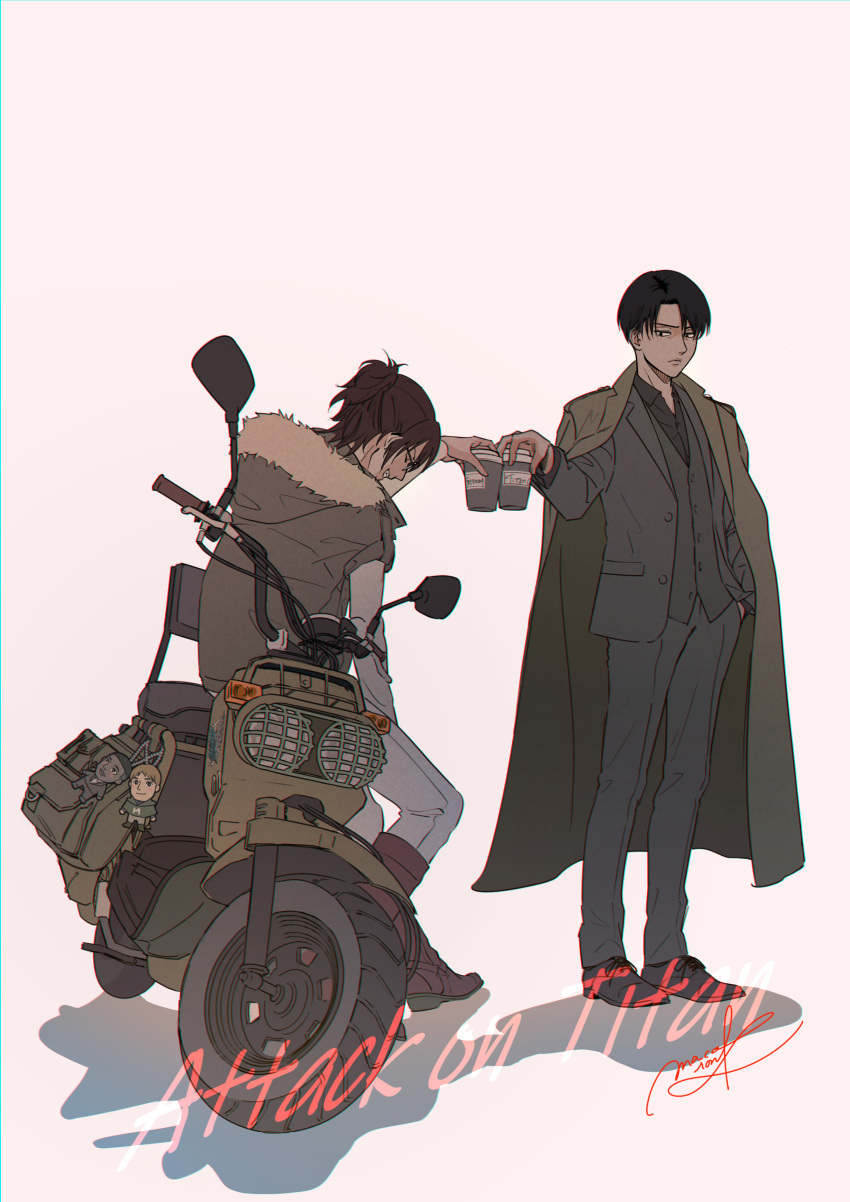 1boy, 1other, absurdres, backpack, bag, black_hair, brown_footwear, brown_hair, character_doll, coat, copyright_name, cup, disposable_cup, formal, ground_vehicle, hand_in_pocket, hange_zoe, highres, levi_(shingeki_no_kyojin), macaronk, motor_vehicle, motorcycle, onyankopon_(shingeki_no_kyojin), shingeki_no_kyojin, shoes, signature, simple_background, suit, white_background