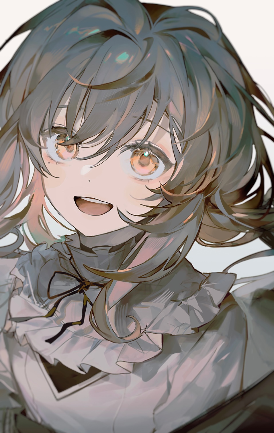 1girl, bangs, black_ribbon, brown_eyes, brown_hair, close-up, collar, dot_nose