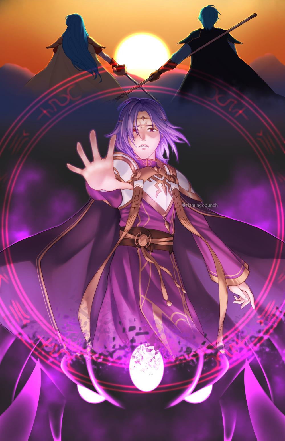 1girl, 2boys, blue_cape, blue_hair, cape, demon, eirika_(fire_emblem), ephraim_(fire_emblem)