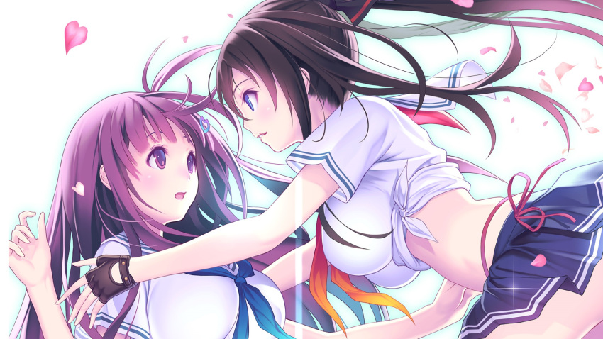 2girls, black_hair, black_legwear, blue_eyes, bow, breast_press, breasts, crop_top, dutch_angle, eye_contact, groin, hair_between_eyes, hair_bow, hair_ornament, highleg, highleg_panties, highres, hug, kagurazaka_ranka, kagurazaka_rinka, large_breasts, long_hair, looking_at_another, midriff, miniskirt, multiple_girls, open_mouth, panties, ponytail, profile, purple_eyes, ribbon, school_uniform, serafuku, shirt, siblings, sidelocks, sisters, skirt, smile, string_panties, symmetrical_docking, thigh-highs, underwear, valkyrie_drive, valkyrie_drive_-bhikkhuni-, very_long_hair, wind, wind_lift, wristband, yuri