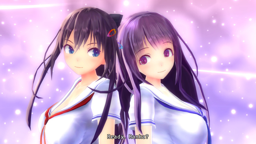2girls, 3d, black_hair, black_legwear, blue_eyes, bow, breast_press, breasts