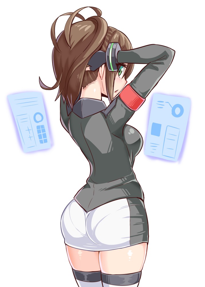 1girl, arms_up, ass, azure_striker_gunvolt, black_gloves, blonde_hair, brown_hair, commentary, cougar_(cougar1404), cowboy_shot, fingerless_gloves, from_behind, gloves, green_eyes, grey_shirt, hands_in_hair, holographic_interface, long_sleeves, looking_at_viewer, looking_back, medium_hair, miniskirt, monica_(gunvolt), nape, open_mouth, pantylines, pencil_skirt, ponytail, shirt, simple_background, skirt, solo, standing, thigh-highs, white_background, white_legwear, white_skirt