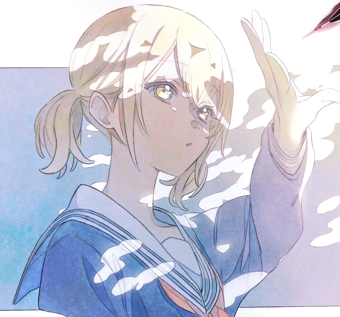 1girl, azusawa_kohane, black_blouse, blonde_hair, blouse, dappled_sunlight, dot_nose, expressionless