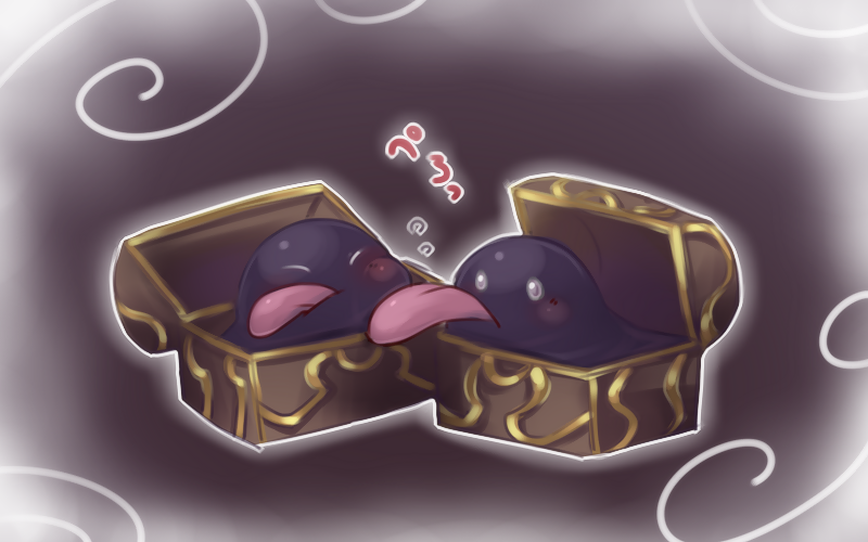 commentary_request, creature, full_body, licking, licking_another's_cheek, licking_another's_face, mimic, mimic_(ragnarok_online)
