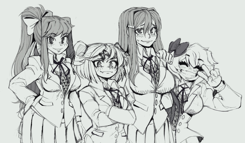 4girls, ^_^, bangs, blazer, bow, breasts, closed_eyes, collared_shirt, crossed_arms, doki_doki_literature_club, double_bun, eyebrows_visible_through_hair, fang, fang_out, greyscale, hair_bow, hand_on_hip, head_tilt, highres, ink_(ink01_), jacket, large_breasts, long_hair, looking_at_viewer, monika_(doki_doki_literature_club), monochrome, multiple_girls, natsuki_(doki_doki_literature_club), ponytail, sayori_(doki_doki_literature_club), school_uniform, shirt, short_hair, sidelocks, skirt, small_breasts, smile, sweat, v, vest, yuri_(doki_doki_literature_club)