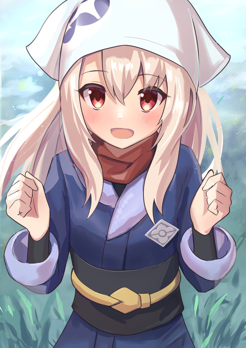 1girl, absurdres, akari_(pokemon), akari_(pokemon)_(cosplay), bandana, bangs, blonde_hair, blush