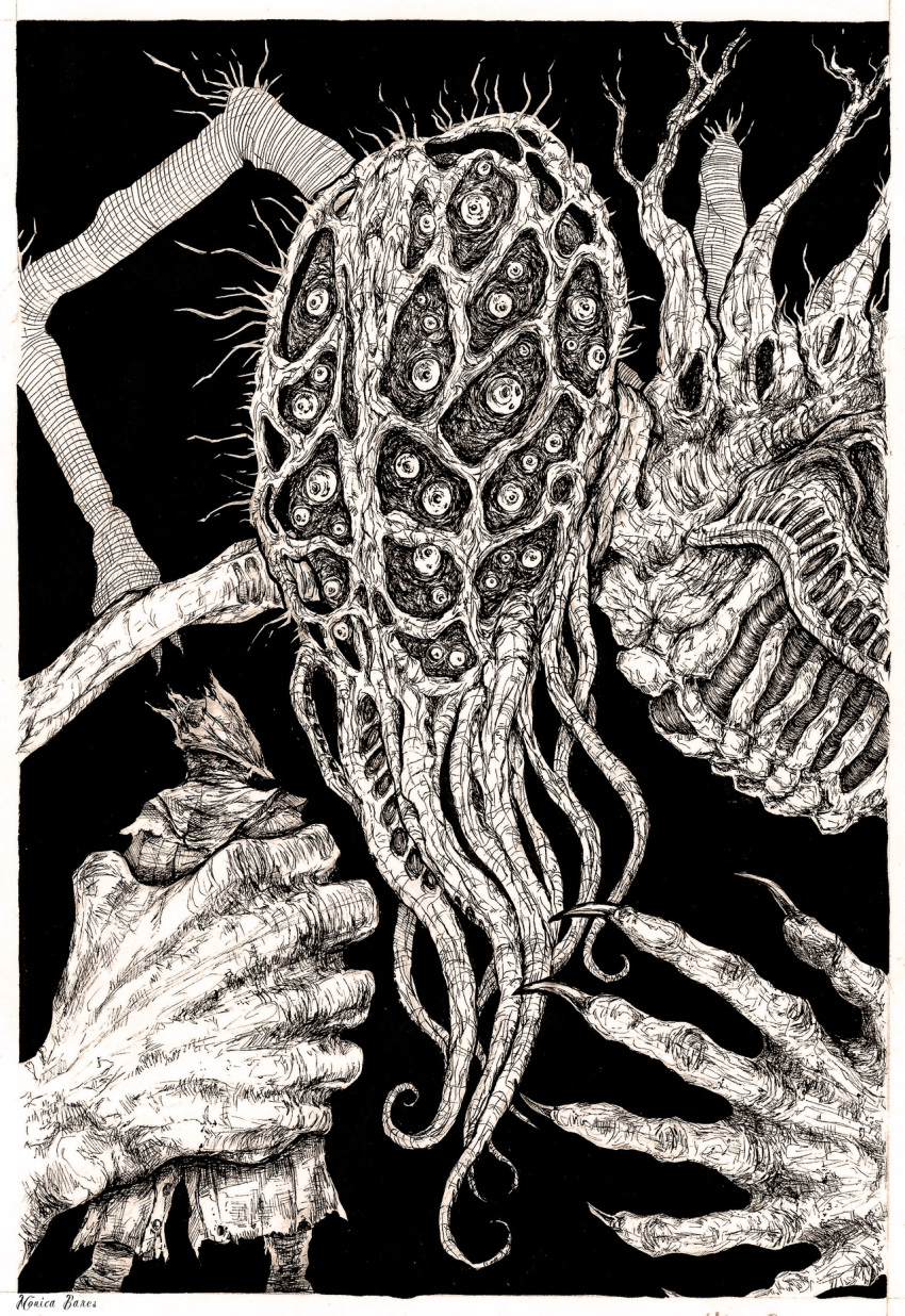 1boy, amygdala, bloodborne, claws, from_software, hat, highres, horror_(theme), hunter_(bloodborne), inking, monicabares, monochrome, size_difference, tendril, too_many_eyes, video_game