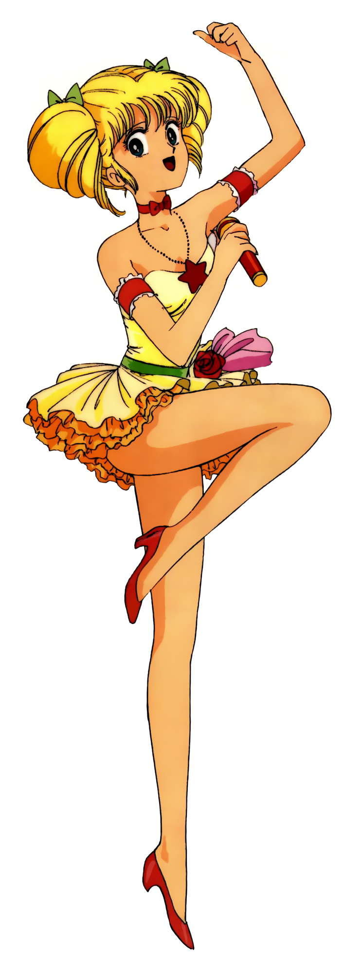 1990s_(style), arm_garter, arm_up, bangs, blonde_hair, choker, dress, full_body
