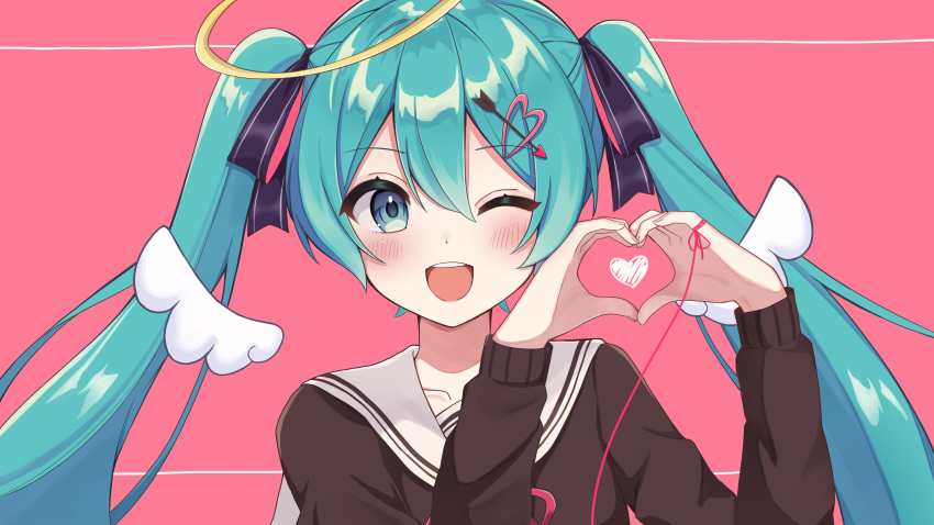 1girl, absurdres, alternate_costume, angel, angel_wings, blue_eyes, blue_hair, halo, hatsune_miku, header, heart, heart_hands, highres, looking_at_viewer, noneon319, one_eye_closed, open_mouth, sailor_collar, school_uniform, smile, solo, thread, twintails, vocaloid, wings