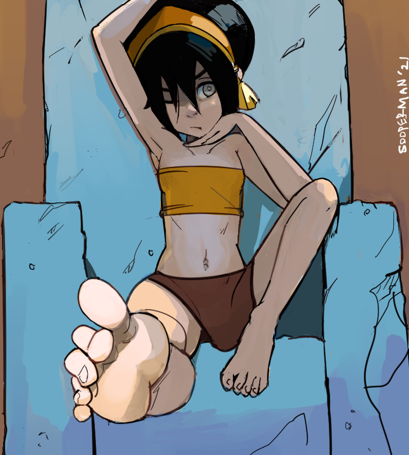 arm_up, armpits, artist_name, avatar:_the_last_airbender, avatar_legends, bandeau, bangs, bare_shoulders, barefoot, black_hair, breasts, brown_background, brown_skirt, closed_mouth, collarbone, commentary, dated, english_commentary, feet, foot_focus, foreshortening, hair_up, hairband, hand_on_own_chin, knee_up, long_bangs, midriff, navel, on_chair, one_eye_closed, sidelocks, signature, sitting, skirt, small_breasts, smirk, sooperman, throne, toes, toph_bei_fong, white_eyes, yellow_bandeau, yellow_hairband