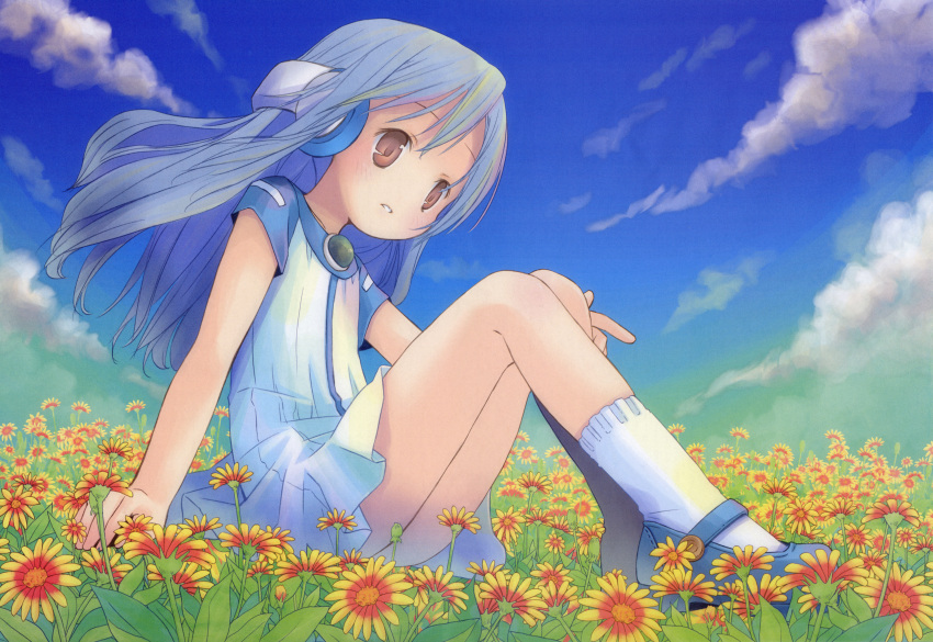 android, bleed_through, blue_hair, brown_eyes, dress, flower, flower_(kowarekake), headphones