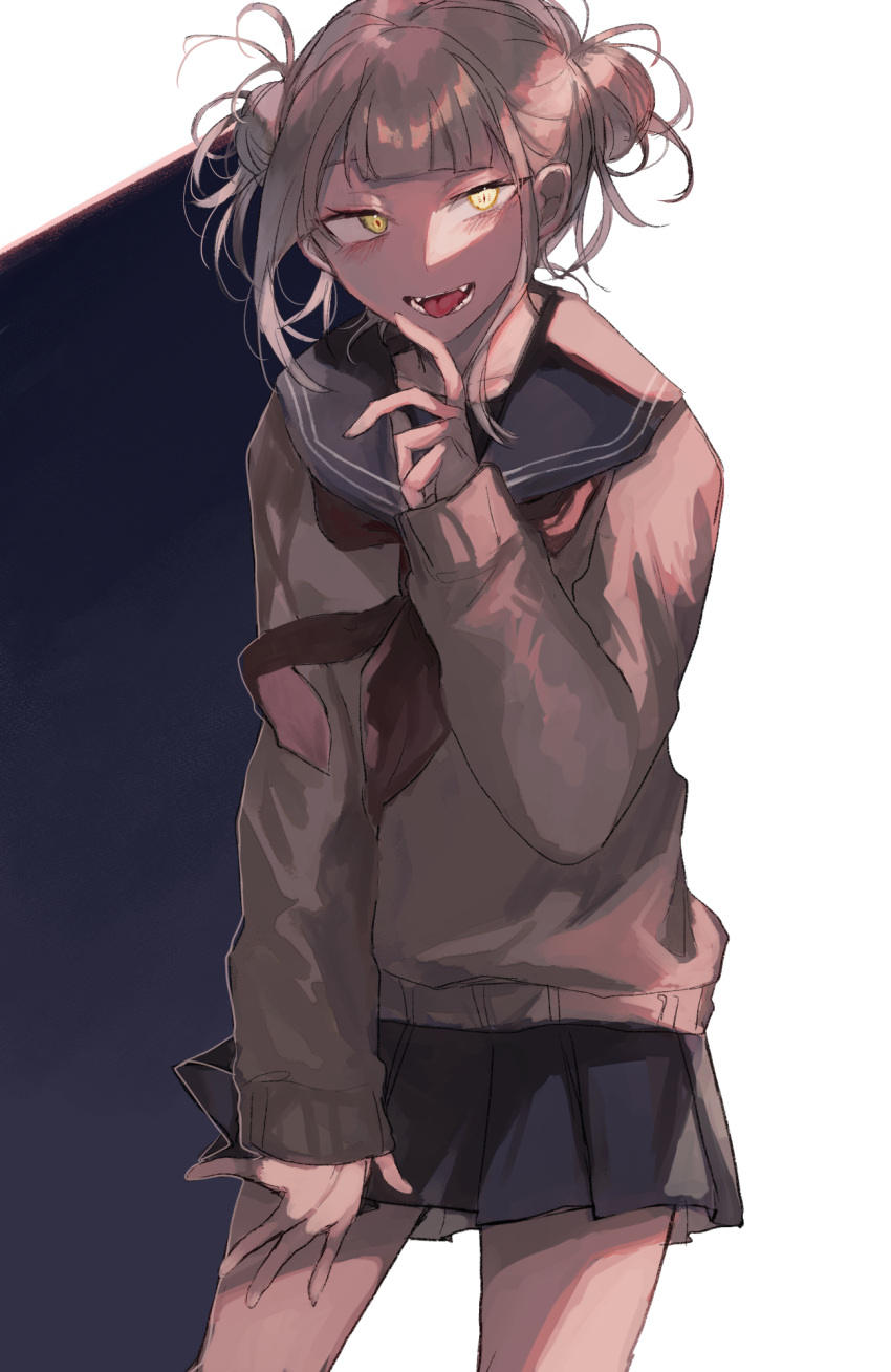 1girl, black_background, blonde_hair, blue_sailor_collar, blue_skirt, blush, boku_no_hero_academia, brown_sweater