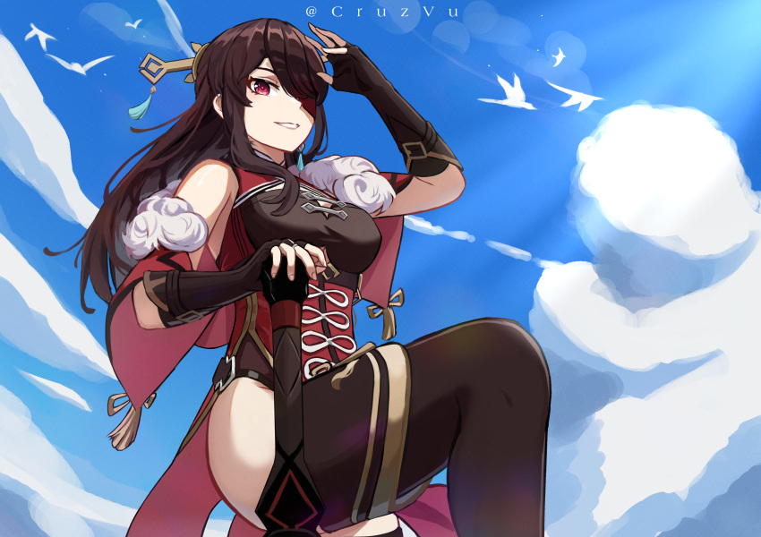 1girl, absurdres, beidou_(genshin_impact), bird, black_shirt, blue_sky, brown_gloves, brown_hair