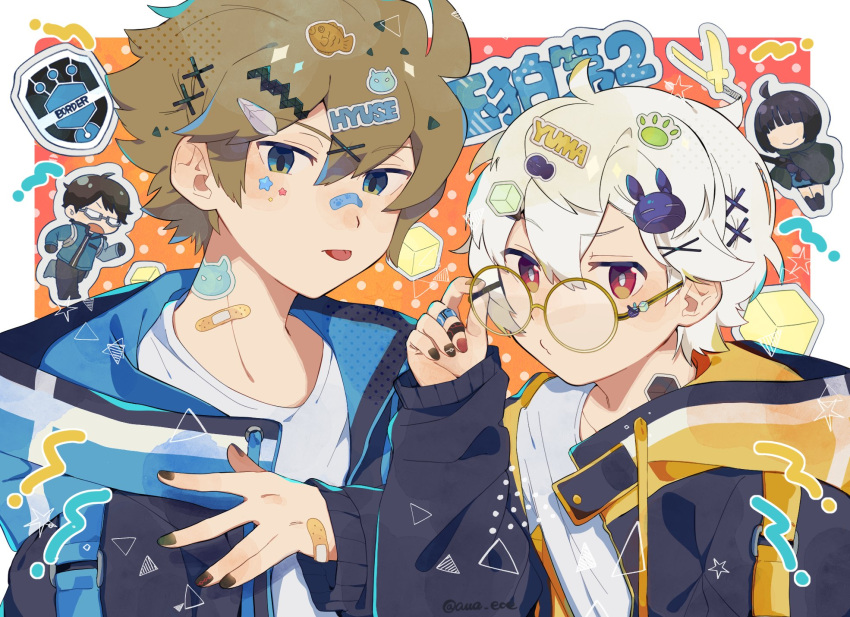 1girl, 3boys, :p, ahoge, amatori_chika, aua_eoe, bandaid, bandaid_on_face