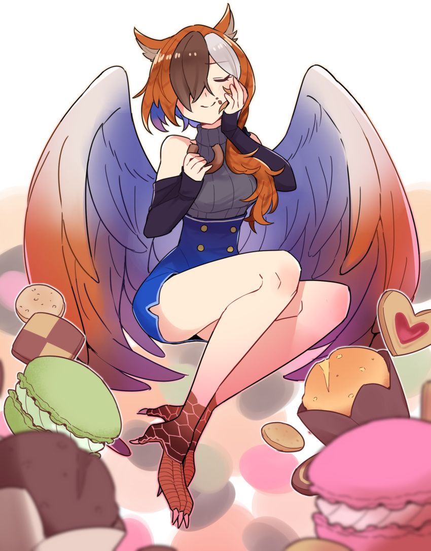 1girl, animal_ears, asymmetrical_hair, bare_shoulders, bird_legs, black_sweater, brown_hair, closed_eyes