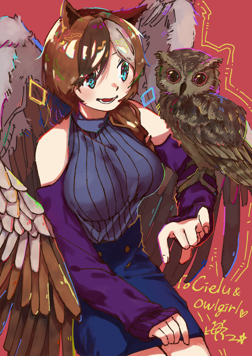1girl, absurdres, asymmetrical_hair, bird, blue_eyes, commission, commissioner_upload, estelle_(cieluscian)