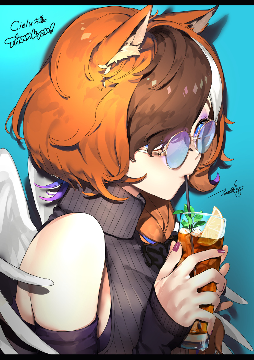 1girl, absurdres, animal_ears, asymmetrical_hair, bare_shoulders, black_sweater, blue_background, blue_eyes