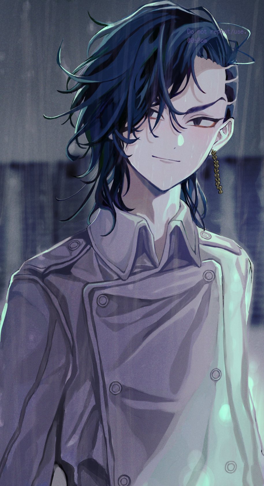 1boy, asymmetrical_hair, bangs, black_eyes, black_hair, closed_mouth, earrings, highres