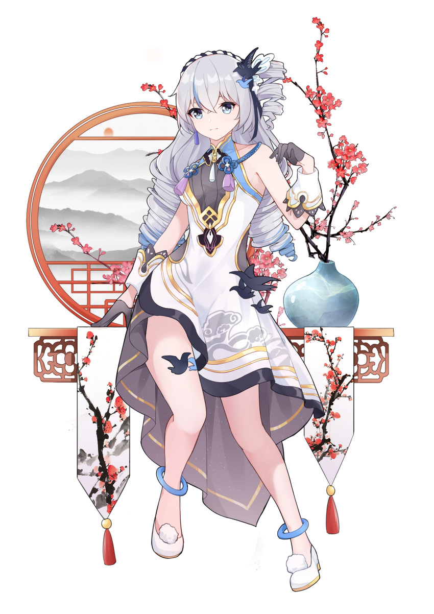 1girl, absurdres, bangs, bare_shoulders, black_gloves, bronya_zaychik, china_dress, chinese_clothes
