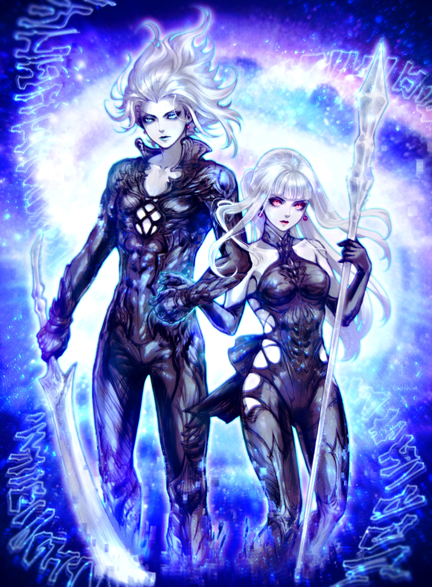 1boy, 1girl, bangs, bare_shoulders, black_bodysuit, black_gloves, blue_background, blue_eyes