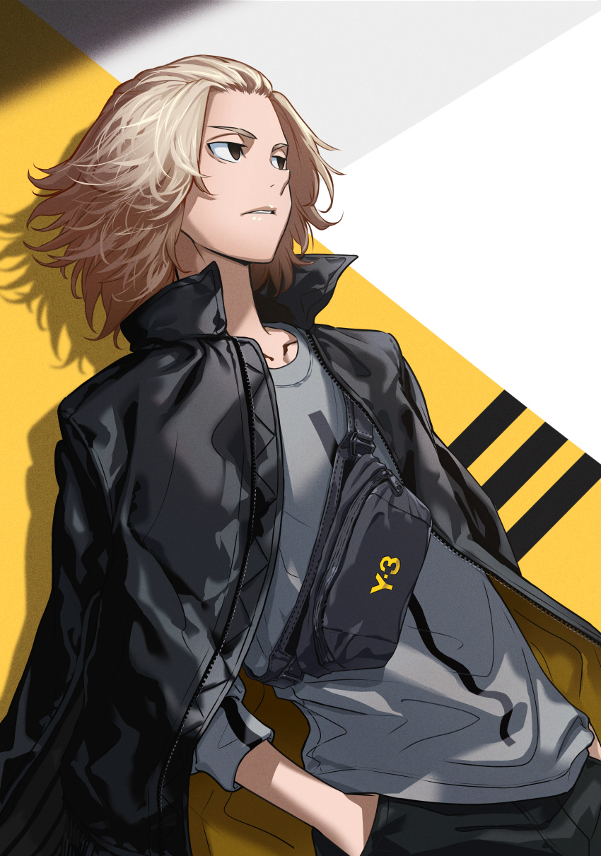 1boy, absurdres, bag, black_coat, black_eyes, black_pants, blonde_hair, coat, coat_on_shoulders, cowboy_shot, empty_eyes, grey_shirt, hands_in_pockets, highres, long_sleeves, looking_away, male_focus, medium_hair, nishikawa_eito, pants, parted_lips, sano_manjirou, shirt, solo, standing, tokyo_revengers, two-tone_background, white_background, yellow_background