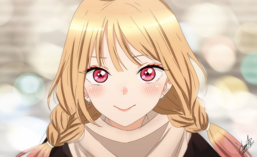 1girl, bangs, beige_scarf, blonde_hair, blurry, blurry_background, blush, braid