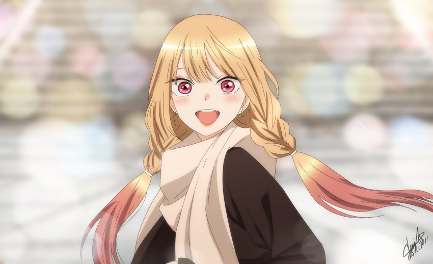 1girl, :d, bangs, beige_scarf, blonde_hair, blurry, blurry_background, blush