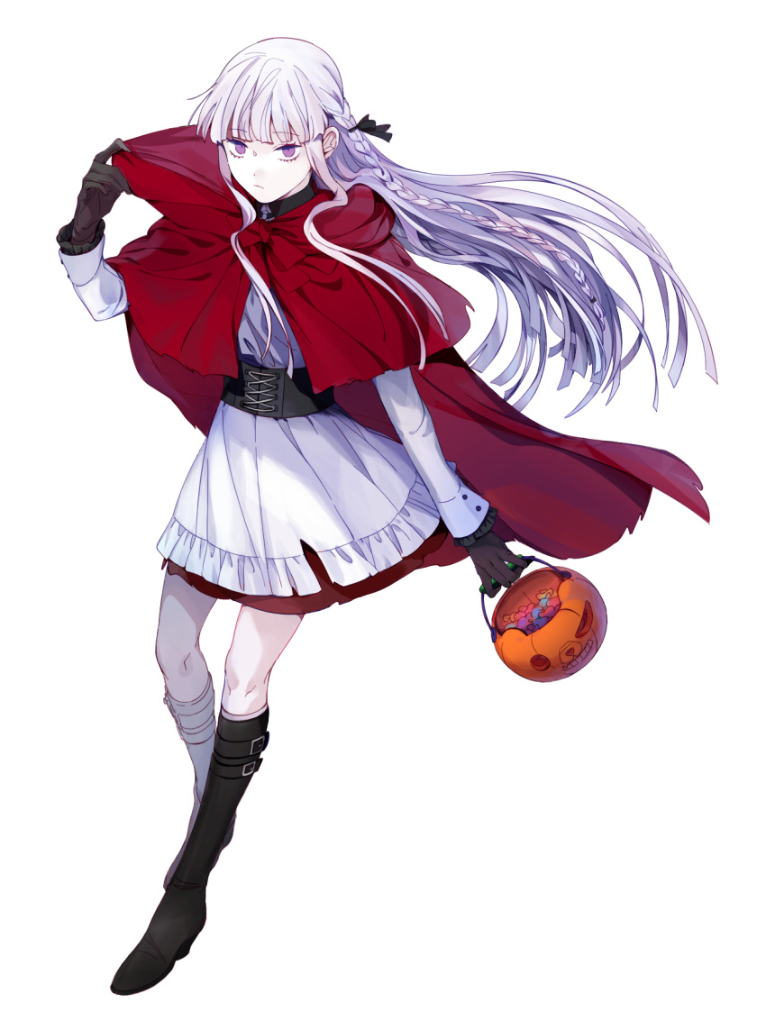 1girl, alternate_costume, bangs, basket, black_footwear, black_gloves, black_ribbon, boots, braid, cape, closed_mouth, danganronpa:_trigger_happy_havoc, danganronpa_(series), dress, eyebrows_visible_through_hair, frown, gloves, hair_ribbon, hand_up, highres, holding, holding_basket, hood, hooded_cape, kirigiri_kyouko, knee_boots, long_hair, long_sleeves, mumei_(2183942), red_cape, ribbon, side_braid, transparent_background, violet_eyes, white_dress