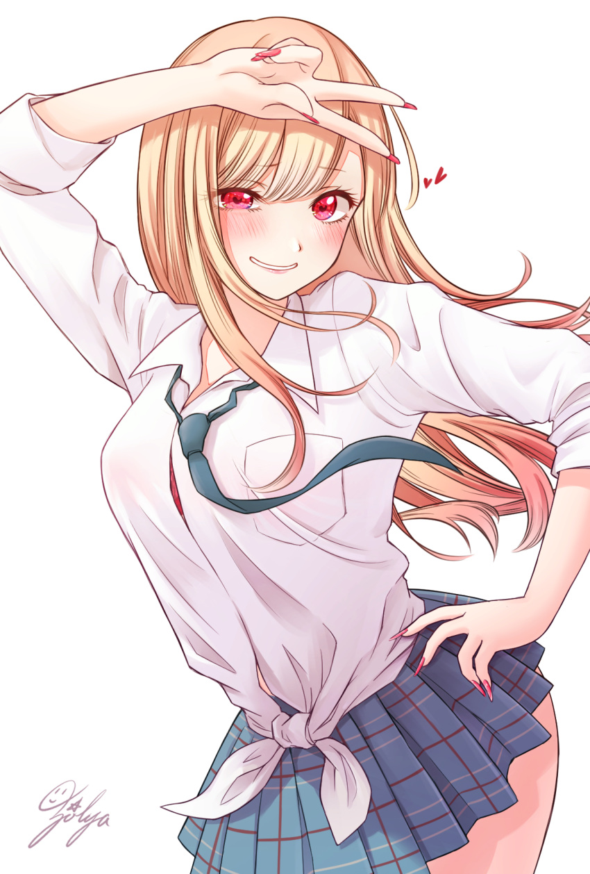 1girl, bangs, blonde_hair, blue_necktie, blue_skirt, blush, breast_pocket, breasts