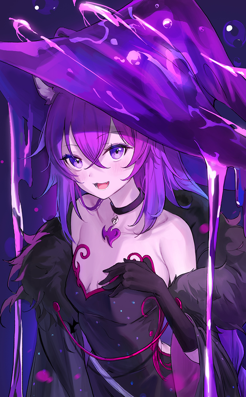 1girl, :d, alchemilla_menace, bare_shoulders, black_choker, black_dress, black_gloves, breasts