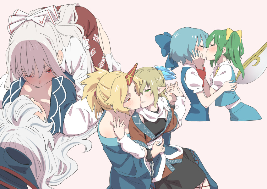 6+girls, absurdres, blonde_hair, blue_bow, blue_dress, blue_hair, blue_headwear, blue_kimono