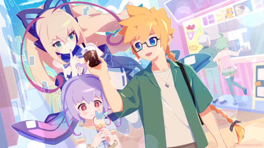 2boys, 3girls, ahoge, azure_striker_gunvolt, bespectacled, black-framed_eyewear, braid, casual