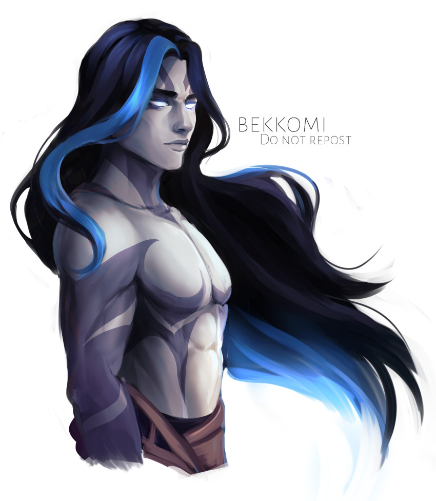 1boy, arm_at_side, artist_name, bangs, bekkomi, black_hair, blue_hair, closed_mouth
