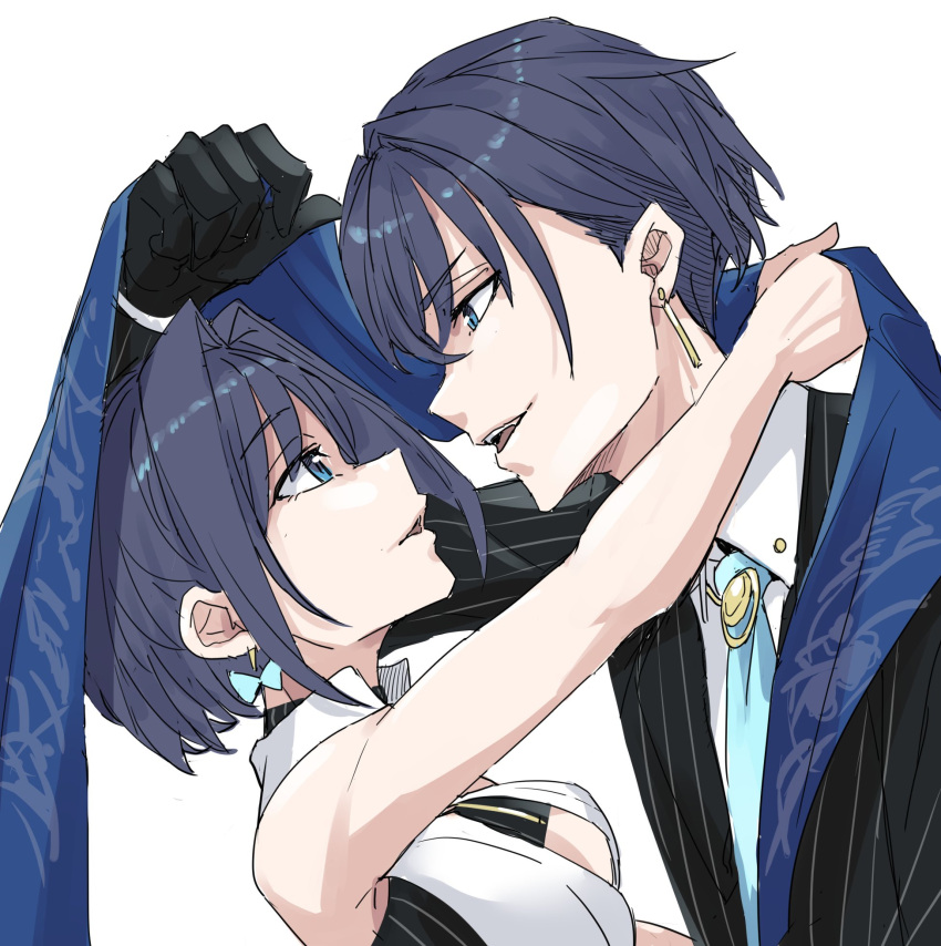 1boy, 1girl, aqua_necktie, bangs, bidortw, blue_eyes, blue_hair, commentary, earrings, english_commentary, eyebrows_visible_through_hair, formal, genderswap, genderswap_(ftm), highres, hololive, hololive_english, jewelry, looking_at_another, necktie, ouro_kronii, ouro_krono, short_hair, speech_bubble, suit, virtual_youtuber, wing_collar