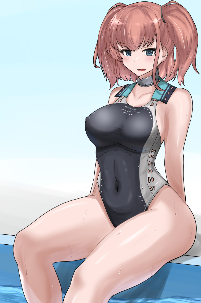 1girl, absurdres, atlanta_(kancolle), black_swimsuit, breasts, brown_hair, competition_swimsuit, cosplay