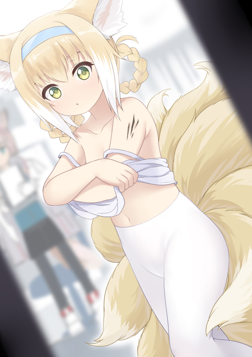 2girls, :o, absurdres, animal_ear_fluff, animal_ears, arknights, bangs, bare_shoulders