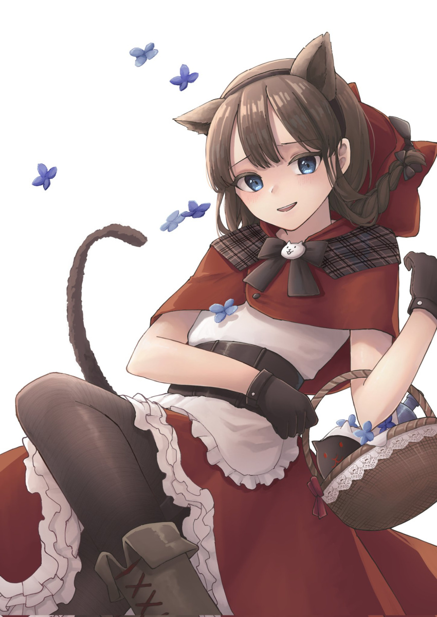 1girl, animal_ears, basket, blue_eyes, blue_flower, boots, bow, braid