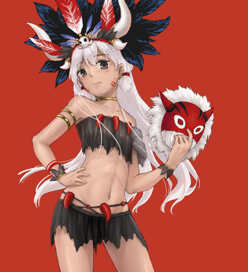 1girl, black_eyes, bracelet, chenyunchen2001, gold_bracelet, hair_ornament, hat_feather, highres, jewelry, loincloth, magatama, mask, nyanko_daisensou, red_background, short_twintails, skull_hair_ornament, tama_(nyanko_daisensou), tattoo, tribal, tribal_tattoo, twintails, white_hair