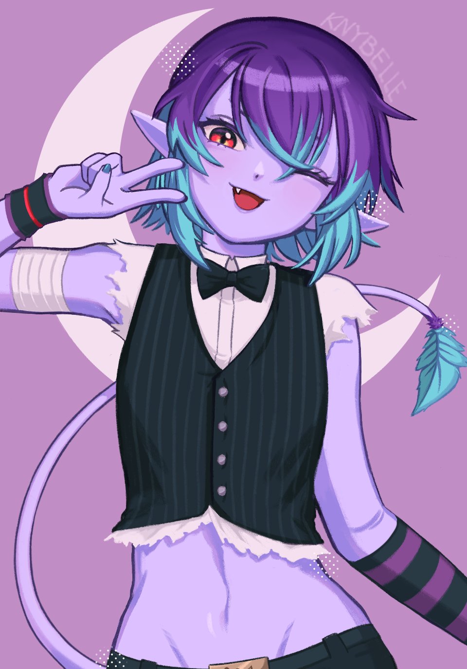 1other, androgynous, bandages, blue_hair, colored_skin, demon, demon_tail, highres, indie_virtual_youtuber, knybelle, mimcubus, multicolored_hair, nail_polish, one_eye_closed, pointy_ears, purple_hair, purple_skin, red_eyes, tail, v, virtual_youtuber