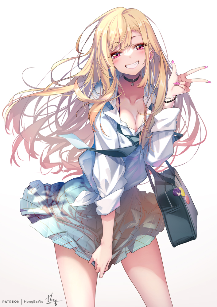1girl, bangs, blonde_hair, blush, breasts, collared_shirt, dress_shirt, grin, hong_(white_spider), kitagawa_marin, large_breasts, long_hair, long_sleeves, looking_at_viewer, red_eyes, shirt, skirt, smile, solo, sono_bisque_doll_wa_koi_wo_suru, white_shirt