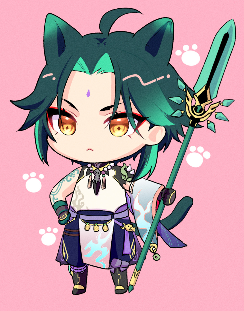 1boy, animal_ears, arm_tattoo, bangs, bead_necklace, beads, black_hair, cat_ears
