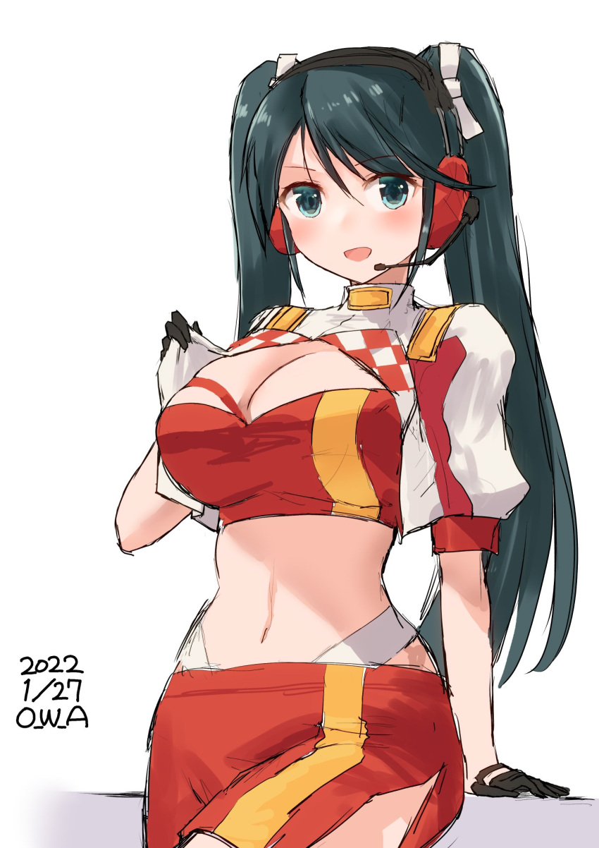 1girl, black_gloves, black_hair, cosplay, cowboy_shot, gloves, gotland_(kancolle), gotland_(kancolle)_(cosplay)