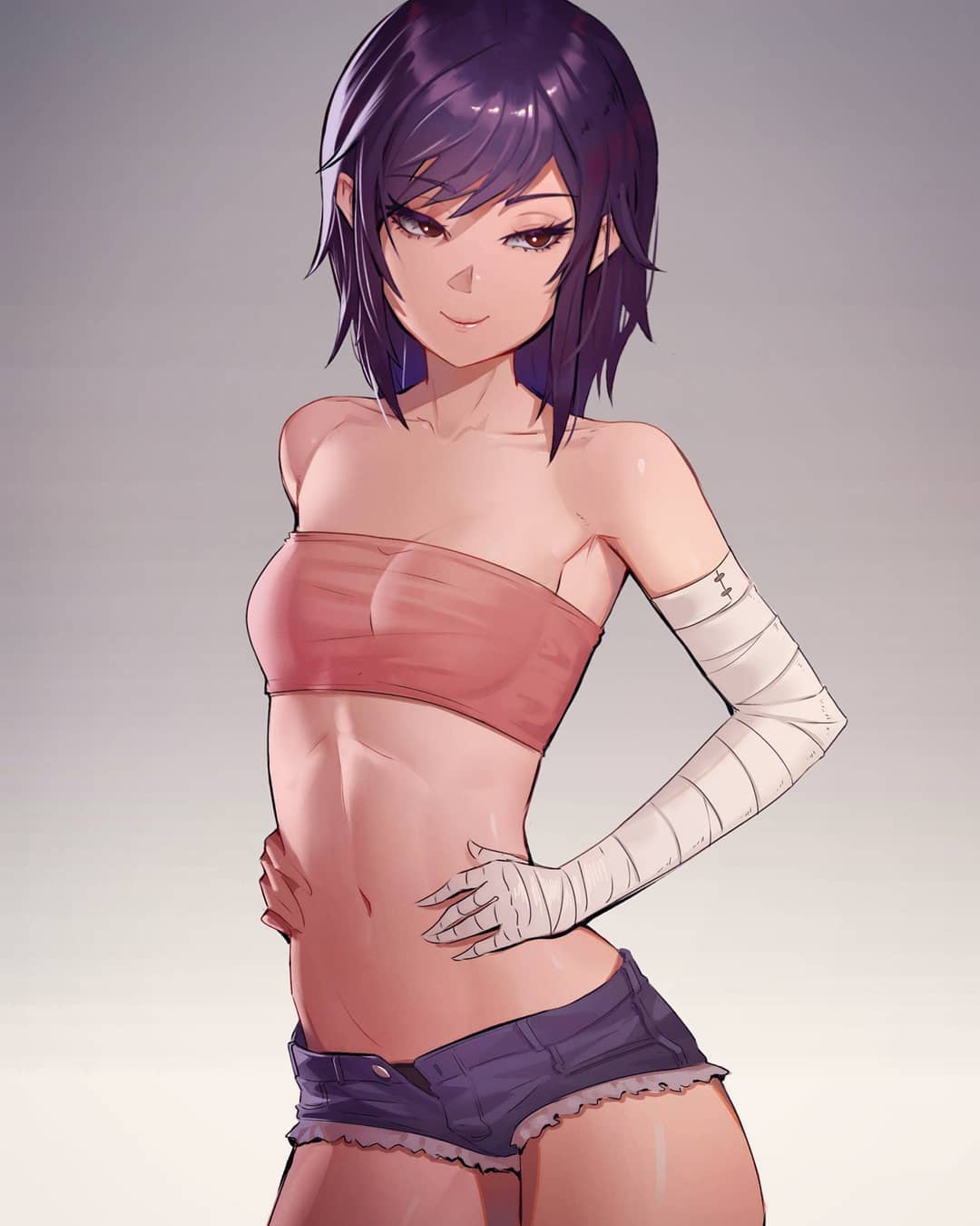 1girl, armpits, bandaged_arm, bandages, bandeau, bangs, bare_shoulders, black_panties