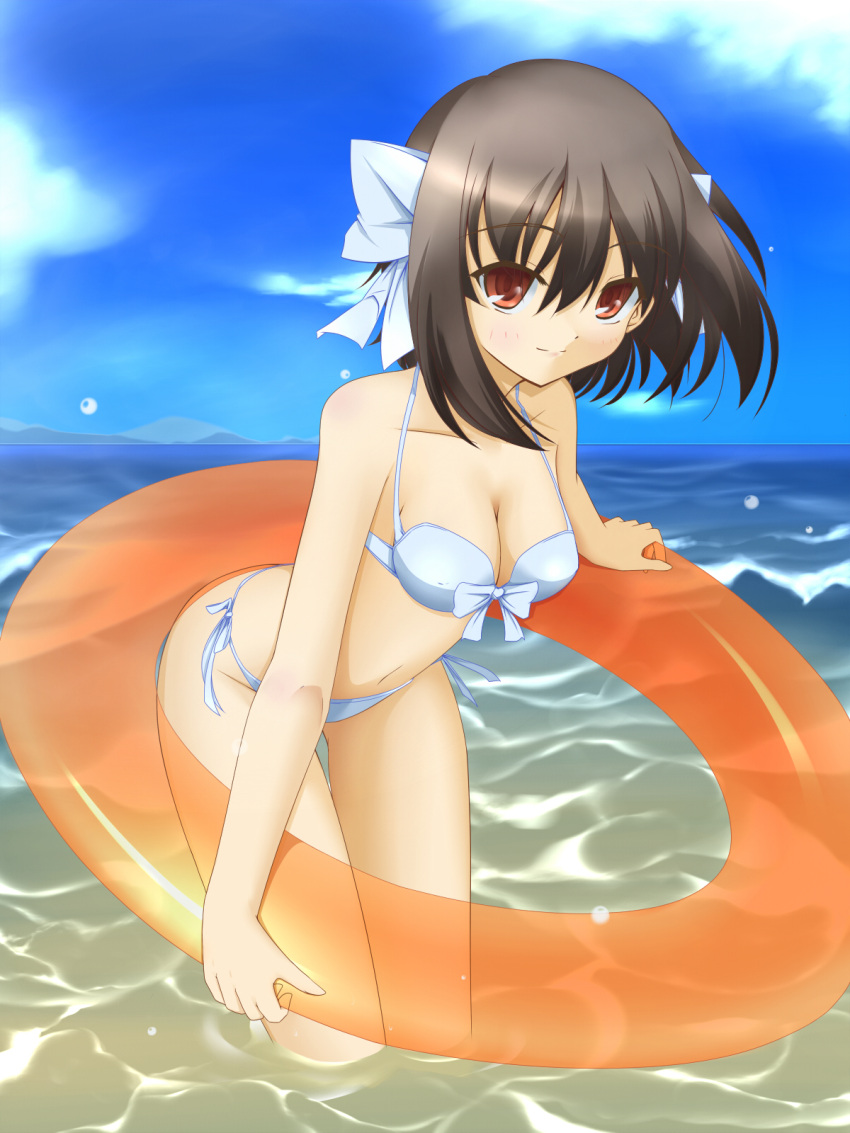 bent_over, bikini, breasts, brown_hair, chus, cleavage, highres, innertube