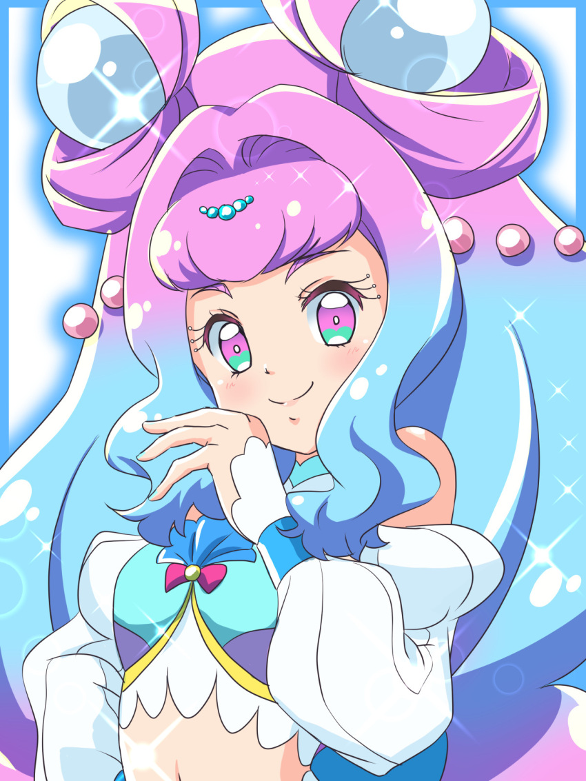 1girl, aura, blue_background, blue_hair, blue_nails, crop_top, cure_la_mer, eyelash_ornament