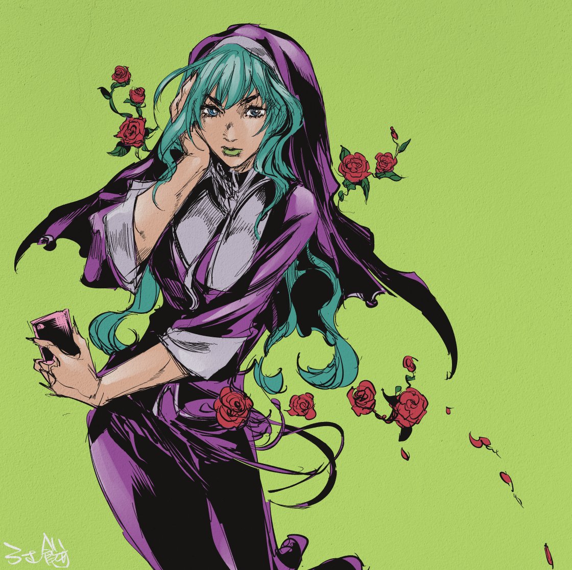 1girl, daihukudokoro, flower, green_background, green_eyes, green_hair, green_lips, long_hair