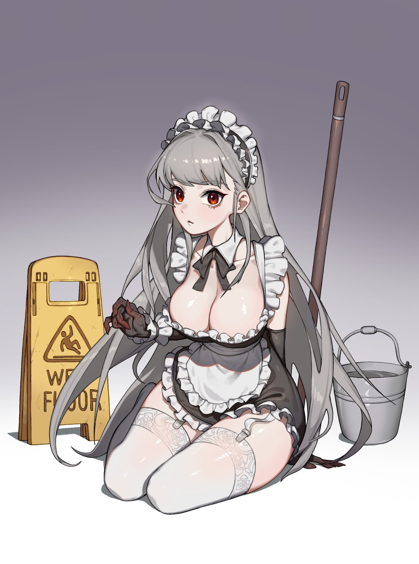 1girl, absurdres, apron, bangs, black_gloves, bow, bowtie, bucket, closed_mouth, detached_collar, dress, eyebrows_visible_through_hair, frills, garter_straps, gloves, hellk111, highres, long_hair, maid, maid_apron, maid_headdress, on_floor, original, red_eyes, silver_hair, sitting, solo, thigh-highs, wet_floor_sign, yokozuwari